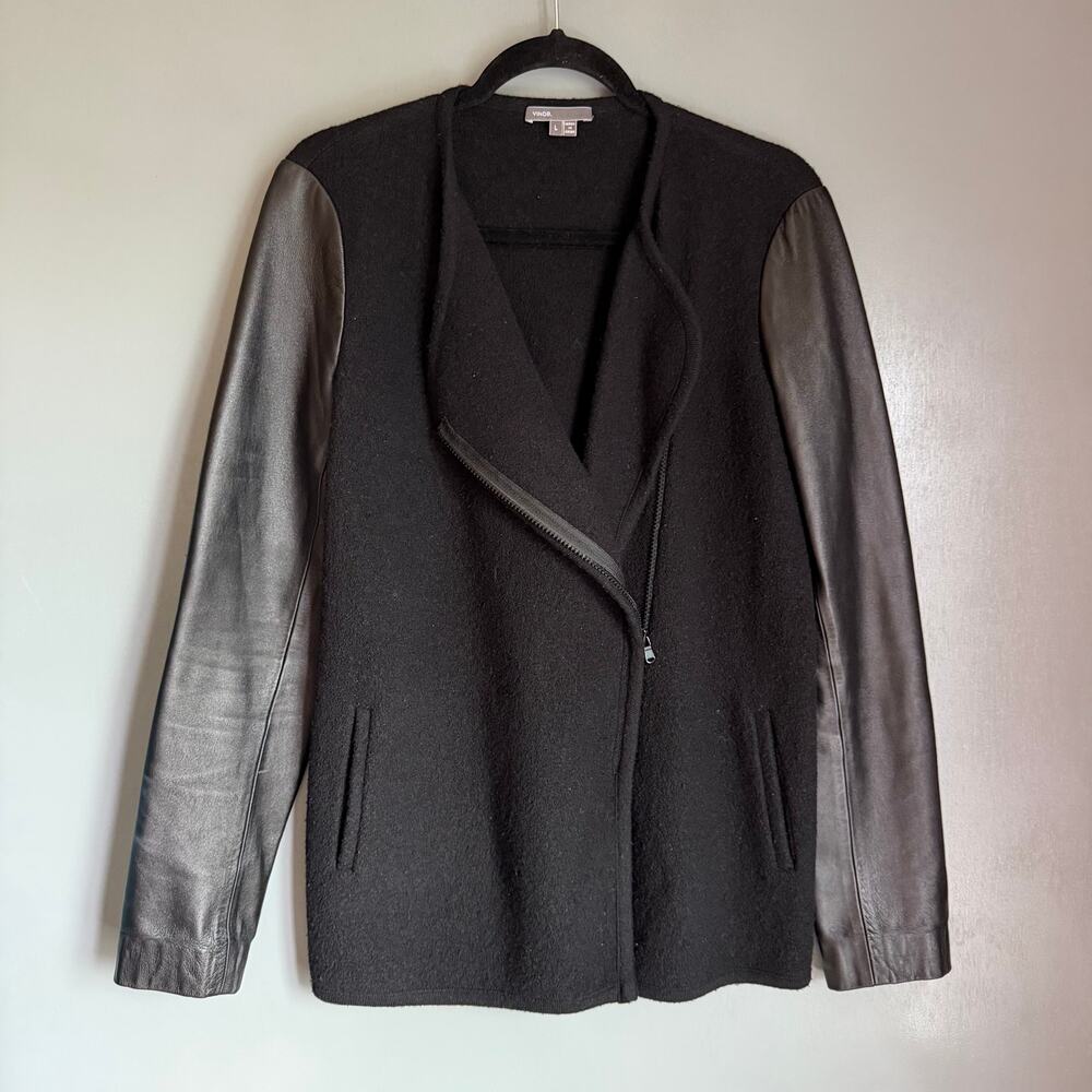 VINCE Women's L Black Boiled Wool Asymmetrical Jacket Leather Sleeves Moto Zip